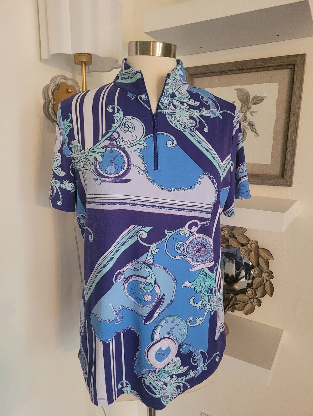 IBKUL Blue & Navy Printed Short Sleeve Quarter-Zip Top LARGE